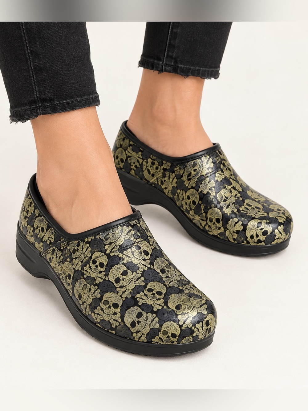 Sanita Skull Shoes – Gothic Rocker Statement Clogs – Edgy Alternative Footwear